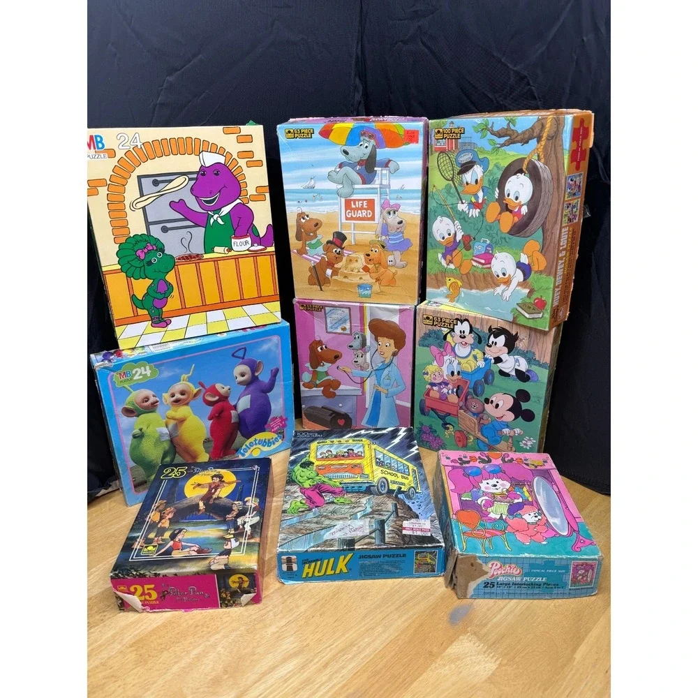 Vintage Children's Jigsaw Puzzle 9pc Lot 1980's Barney Hulk Pound Puppies Disney